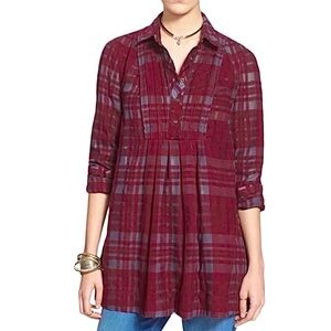 💖 Free People Burgundy Baby Blues Plaid Cotton Tunic, Sz. SP